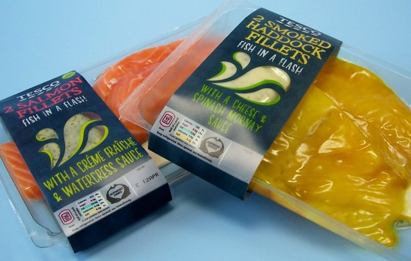 sealed fresh food packaging plate and wrapper for fish.