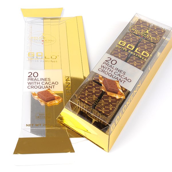 golden custom plastic packaging for chocolate gift