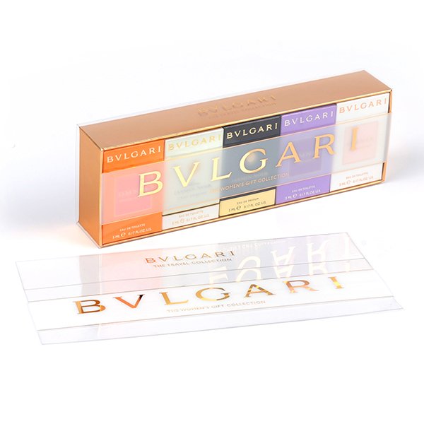 A clear packaging box for a set of makeup products