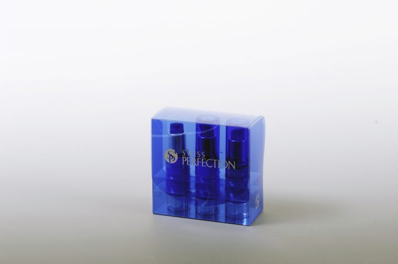 a clear blue plastic box packaging for lipstick.