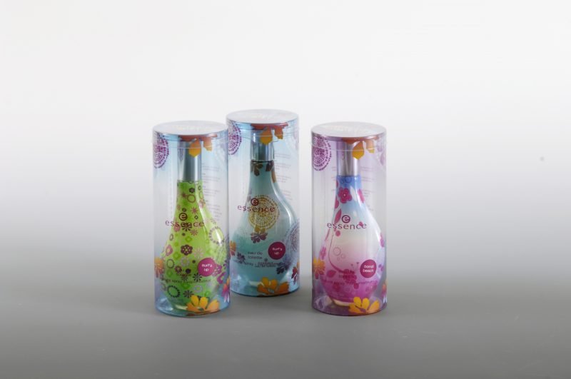 Three sets of printed clear plastic box for perfume bottles